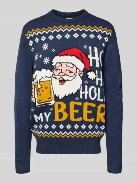 Sweter z dzianiny z prążkowanymi wykończeniami Montego granatowy