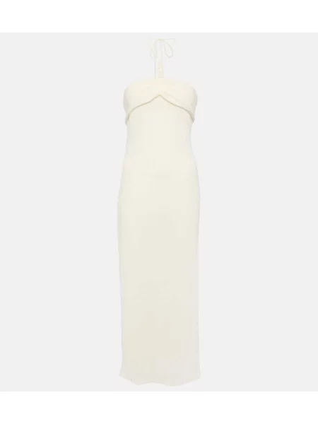 Sukienka midi Magda Butrym z perełkami do kolan z dekoltem halter biała