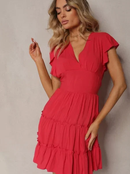Taliowana Sukienka Mini Ozdobiona Falbankami Salleni czerwona