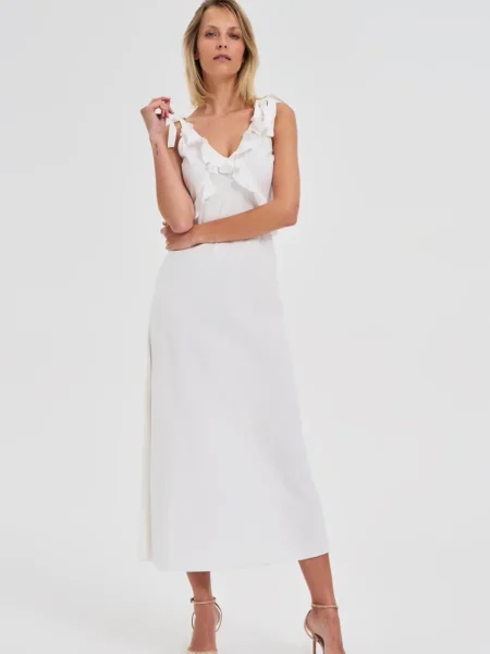 Rochie midi Marisse cu volane până la genunchi de costum alb