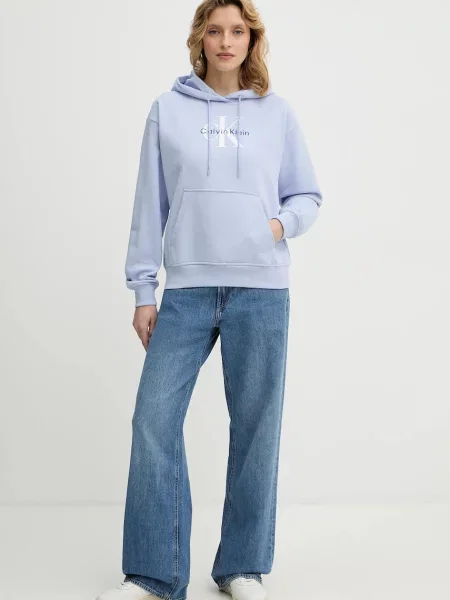 Calvin Klein Jeans pulover s kapuco z bombažem modra