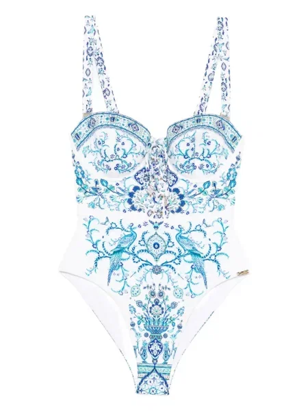 Costum de baie Camilla cu șireturi cu imagine din dantelă albastru