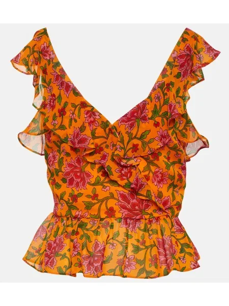 Top Veronica Beard de mătase cu model floral portocaliu