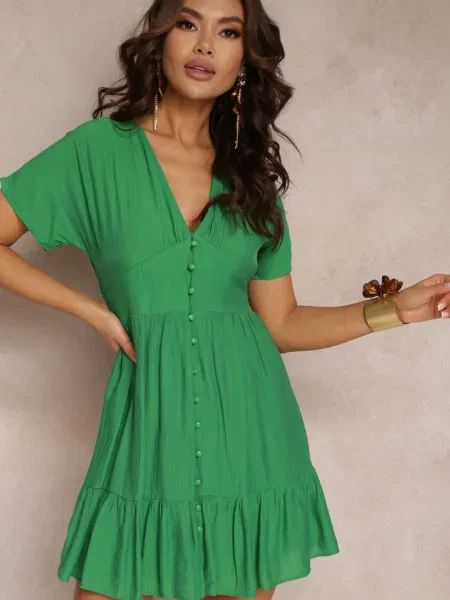 Taliowana Sukienka Szmizjerka Mini z Głębokim Dekoltem i Falbanką Nentri zielona