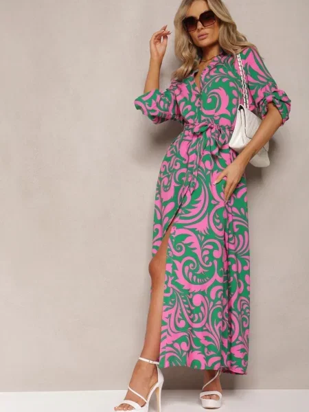 Zielono-Fuksjowa Sukienka Koszulowa Maxi z Materiałowym w Abstrakcyjny Print Lirans zielona