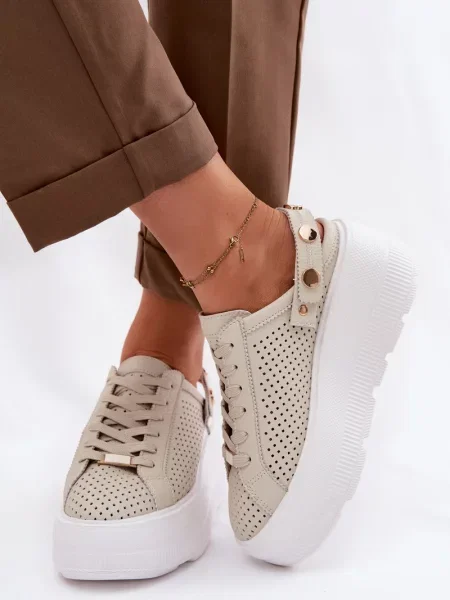 Kožené síťované tenisky D&a na platformě bílé