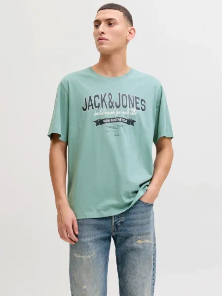 JACK & JONES Marškinėliai pastelinė žalia / juoda balta