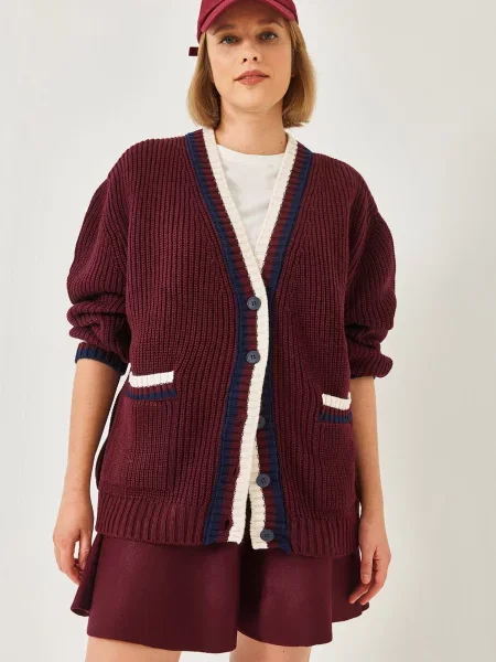 Bianco Lucci Geacă tricotată bleumarin / roșu burgundy alb