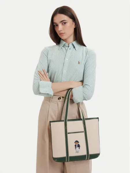 Polo Ralph Lauren Shopper táska ekrü / sötétzöld bézs