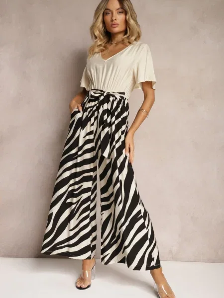 Salopeta Alb-Neagră cu Cureau din Textil și Mâneci Lărgi Nellda alb