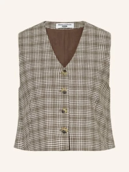 Kamizelka garniturowa o kroju slim fit z mieszanki bawełny i lnu Marc O'polo Denim brązowa