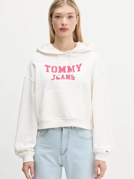Tommy Jeans bluza beżowy z kapturem z aplikacją biała