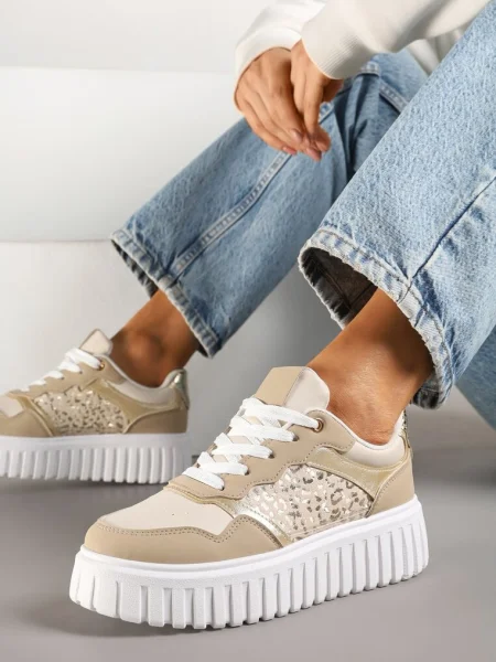 Sneakersy na Platformie z Tłoczeniem Ozdobione Panterką i Perforacją Udivaya beżowe