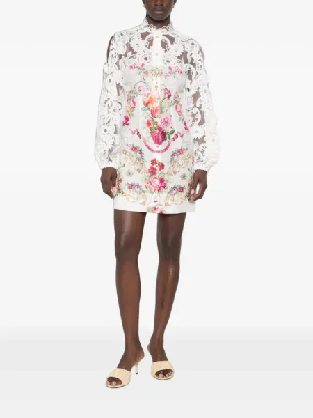 Rochie mini Camilla cu model floral cu imagine din dantelă alb