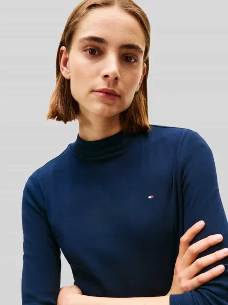 Bluzka z długim rękawem o kroju slim z czystej bawełny Tommy Hilfiger granatowa