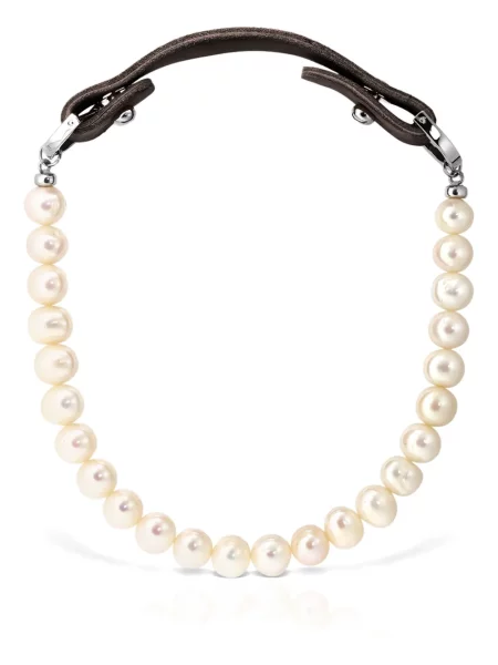 Colier Obsidian cu perle din piele alb