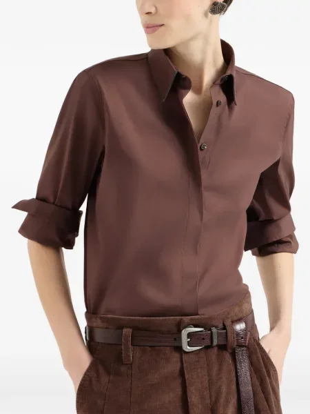 Gulerat cămașă Brunello Cucinelli din poplin maro