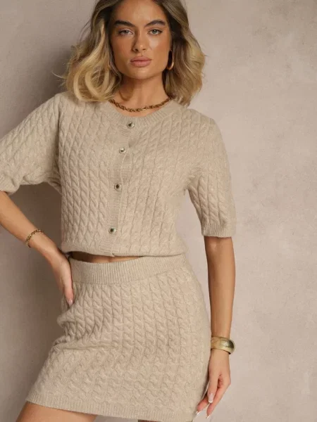 Spódnica Sweterkowa z Wełną High Waist Selzeki beżowa
