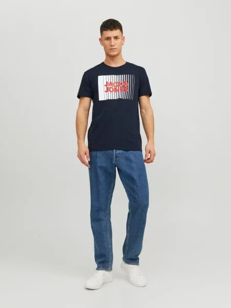 JACK & JONES Tricou bleumarin / roșu / murdar alb