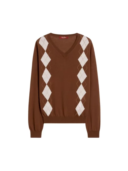 Sweter Max Mara Studio z dekoltem w serek brązowy
