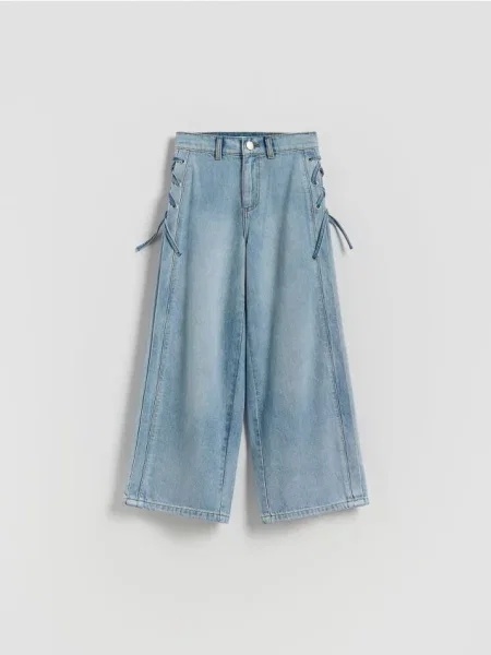 Reserved Jeansy wide leg z ozdobnymi elementami niebieski