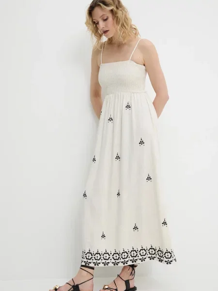 Льняна сукня Answear Lab midi розкльошена бежевий