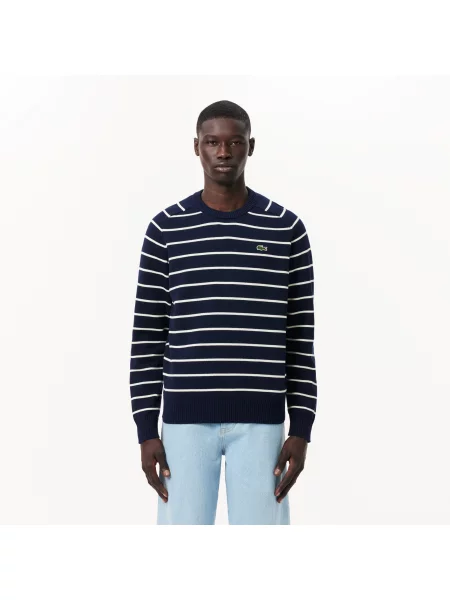 Lacoste Sweter Z Okrągłym Dekoltem W Paski Z Dzianiny 3D granatowy