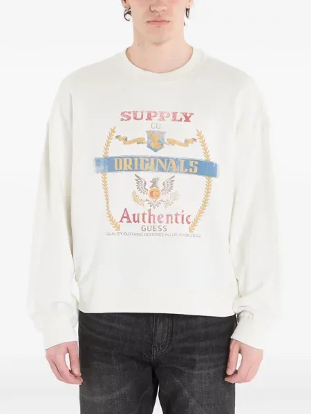 Lung pulover Guess Jeans cu imagine alb
