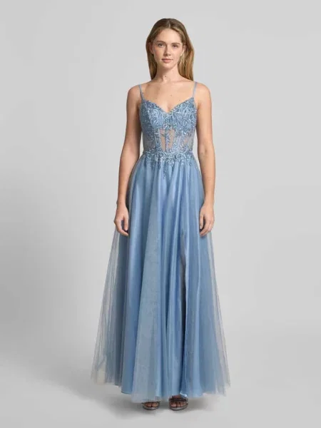 Sukienka wieczorowa z haftami i obszyciem ozdobnymi kamieniami Luxuar Fashion