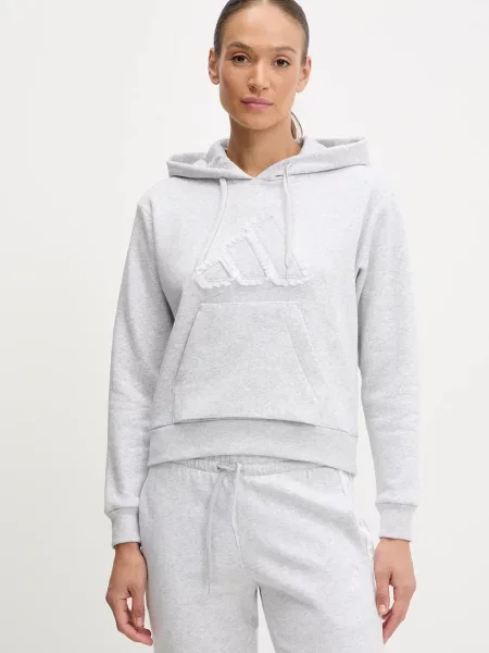 Меланжов суичър с качулка Adidas с качулка с принт сиво