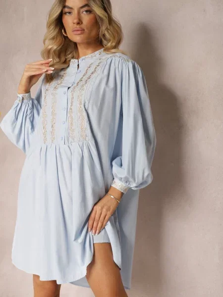 Haftowana Sukienka Mini o Pudełkowym Fasonie z Długim Rękawem Rosen niebieska