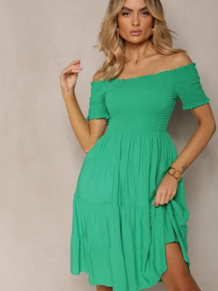 Rochie de vară din cu umeri goi și volane evazate Lorania verde