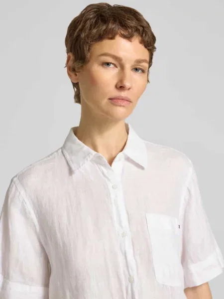 Bluzka lniana o kroju loose fit z brustaszą Tommy Hilfiger biała