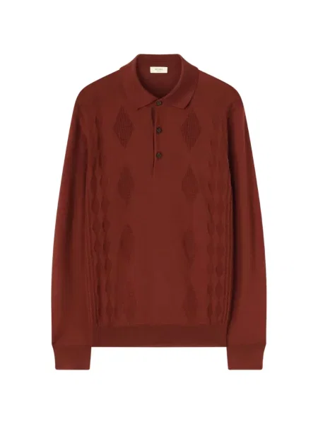 Lung tricou polo Retori de lână cu model argyle maro