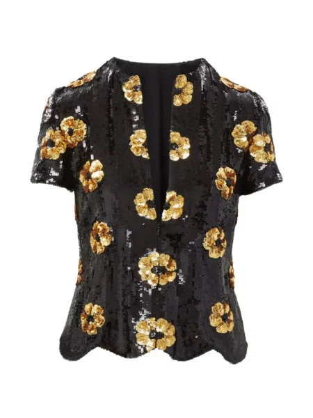 Top Brandon Maxwell cu paiete cu model floral negru