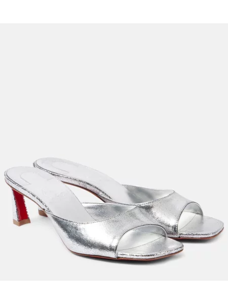 Papuci tip mules Christian Louboutin din piele argintiu
