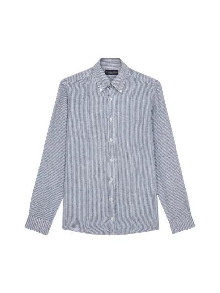 Lniana koszula Brooks Brothers w paski casual niebieska