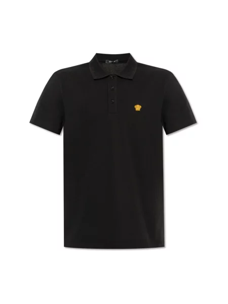 Lniana koszulka polo Versace z logo czarna
