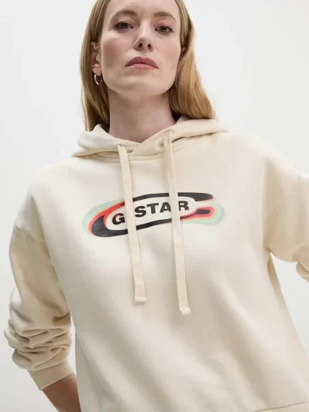 Суичър с качулка G-star Raw с качулка с принт бежово