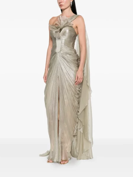 Rochie maxi Iris Serban cu model floral cu un umăr gol de costum gri