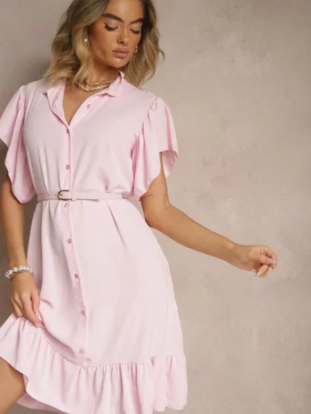 Koszulowa Sukienka Ozdobiona Falbankami i Tenelora różowa