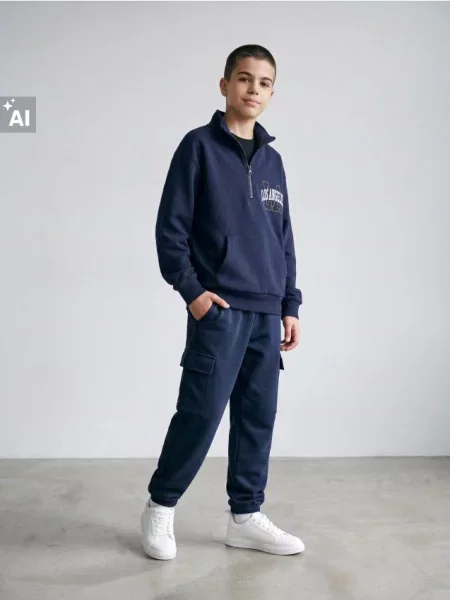 Sinsay Tepláková mikina half-zip s nápisem Los Angeles námořnická modrá