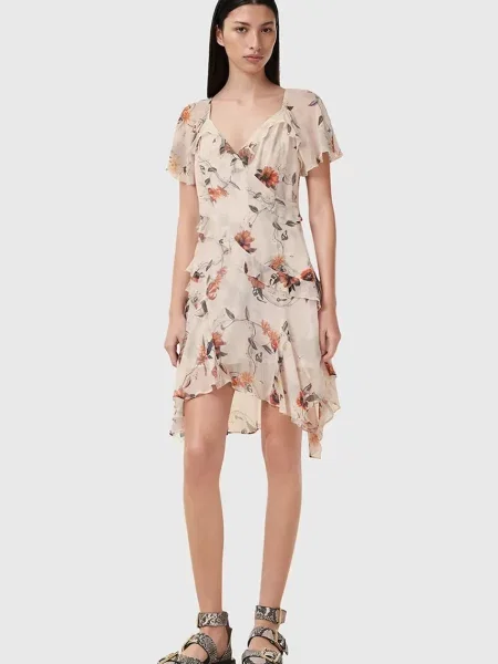 AllSaints rochie din amestec de matase DARMA mini drept bej