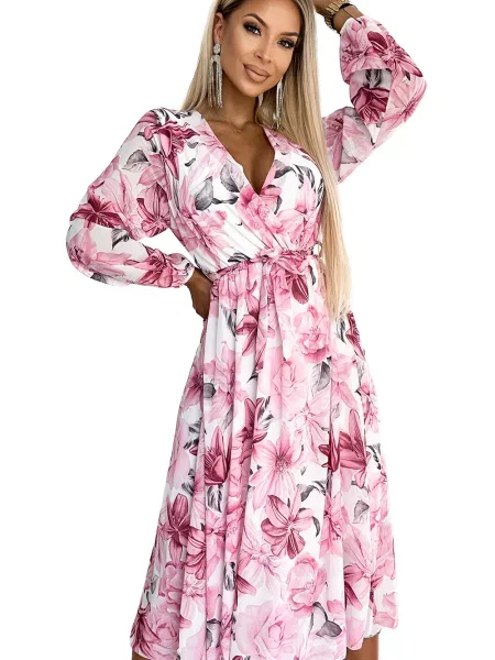 Rochie midi Numoco Basic din șifon cu model floral cu mâneci lungi alb