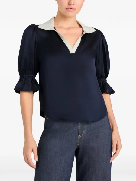 Bluzka Cinq A Sept z dekoltem w serek z falbankami niebieska