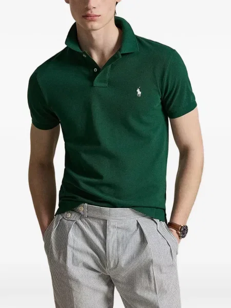 Поло тениска Polo Ralph Lauren бродирана с V-образно деколте от рипсено кадифе синьо