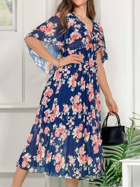 Rochie midi Resti cu model floral plisată până la genunchi albastru