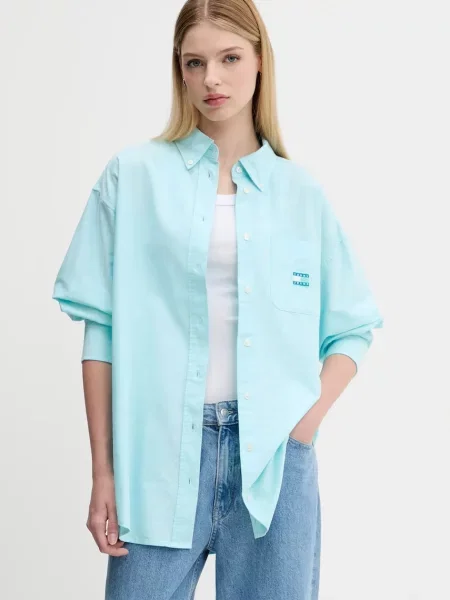 Košulja Tommy Jeans za žene relaxed s klasičnim ovratnikom tirkizna