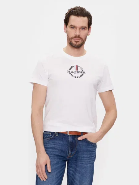 TOMMY HILFIGER Majica Global Stripe Crest Logo Slim mornarsko plava / krvavo crvena bijela