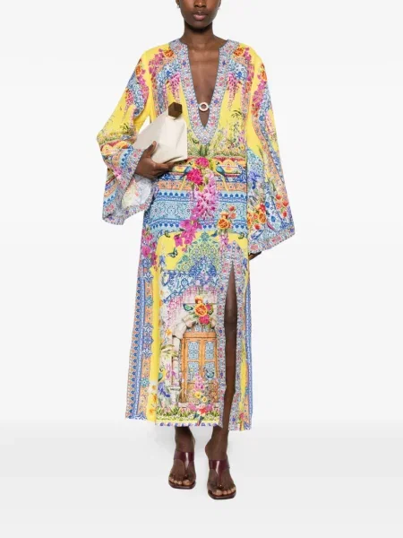 Sukienka midi Camilla w kwiatki z nadrukiem z dekoltem w serek żółta